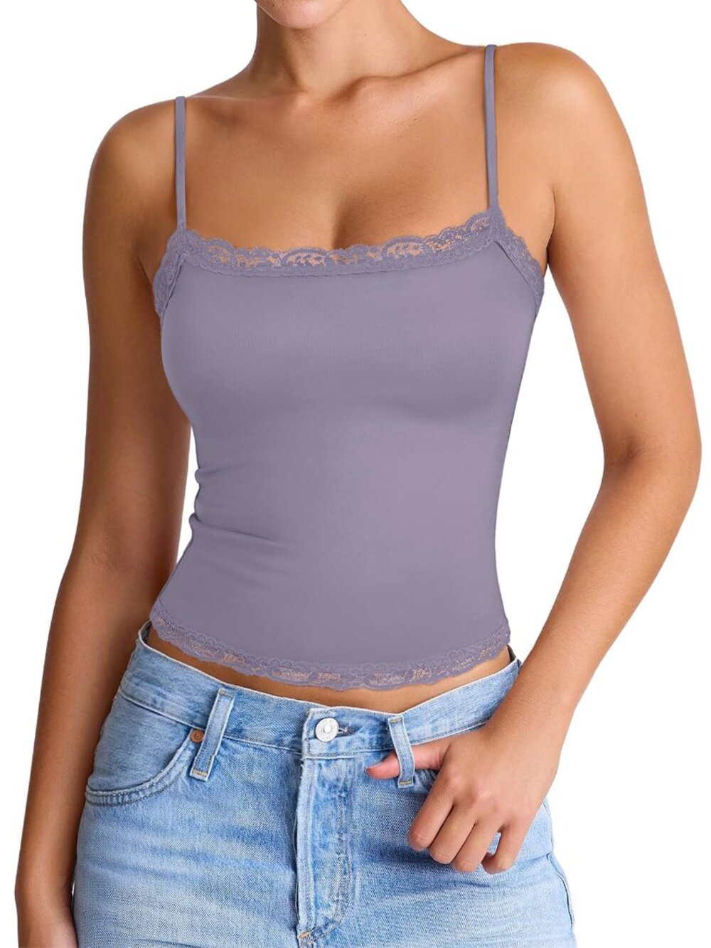Women's Sexy Square Neck Lace Cami Tank Tops Fitted Double Lined Sleeveless - L